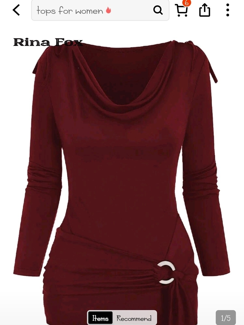 NWOT-SHEIN Burgundy Cowl Neck Long Sleeve Top with Side Ring Detail